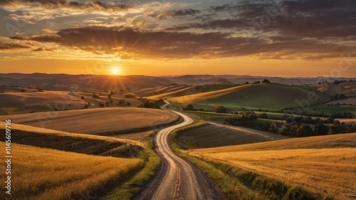 crossroads road trip, Crossroads overlooking rolling hills and golden fields at sunset