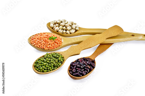 Lentils with chickpeas and beans in wooden spoons