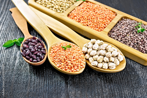 Lentils red with chickpeas and beans in spoons on dark board