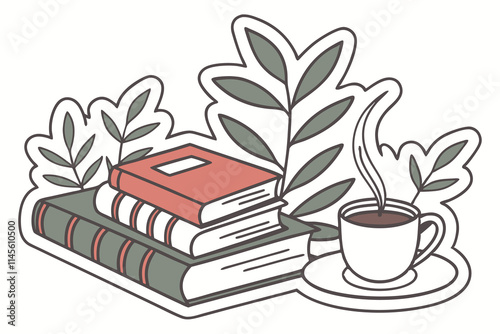 books, plants and coffee sticker white background B.eps