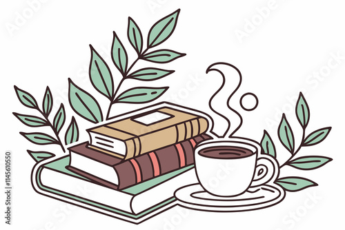 books, plants and coffee sticker white background E.eps