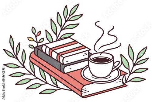 books, plants and coffee sticker white background G.eps