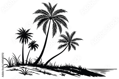 coconut tress silhouette on white background black color line art G.eps