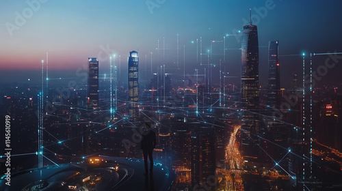 Wallpaper Mural Smart digital city with connection cyber security network reciprocity over the cityscape . future smart wireless digital city and social media networking systems that connects people within the city Torontodigital.ca