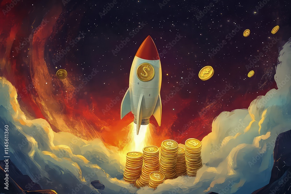A cute, cartoon rocket flying through a cosmic background, with giant gold coin stacks forming the clouds, symbolizing the lucrative opportunities in the space industry. A cute, cartoon rocket flying through a cosmic background, with giant gold coin stacks forming the clouds, symbolizing the lucrative opportunities in the space industry.
