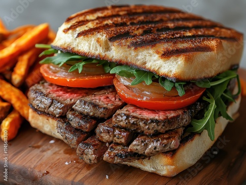 Grilled Steak Sandwich with French Fries on Wooden Board, Suggesting Fast-Casual Dining Experience