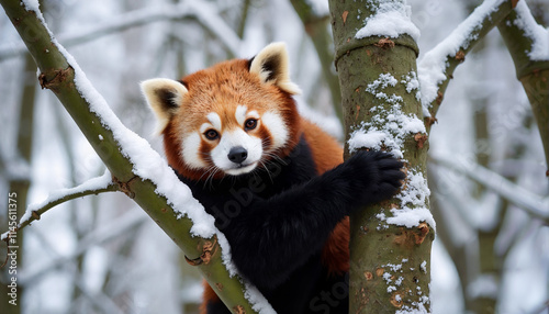 Adorable red panda climbing a snow-covered tree in a winter forest setting