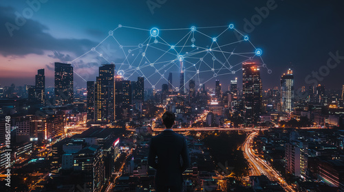 Wallpaper Mural Smart digital city with connection cyber security network reciprocity over the cityscape . future smart wireless digital city and social media networking systems that connects people within the city Torontodigital.ca