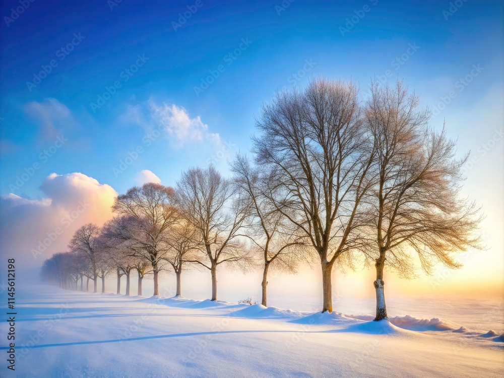 Winter Wonderland: Row of Leafless Trees in Snowy Mist - Cold Season Photography
