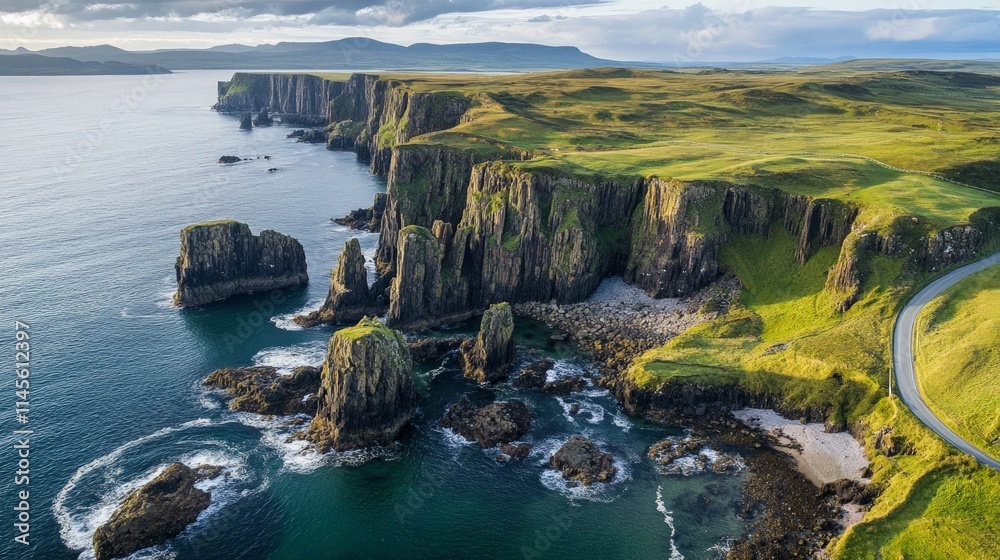 Scenic Coastline with Jagged Cliffs and Lush Greenery Scenic Coastline with Jagged Cliffs and Lush Greenery