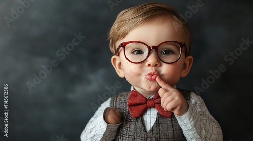 Close up portrait of cute little baby boy wearing smart outfit and eyeglasses giving a kiss.