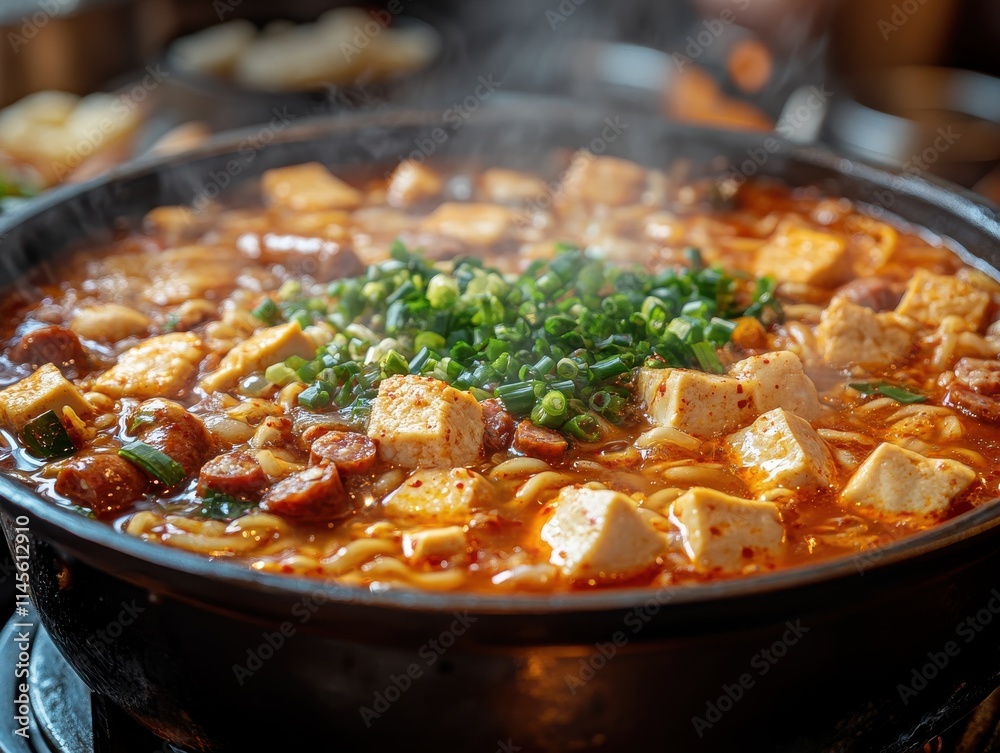 Large Black Wok with Red Stew, On Counter in Kitchen, for Food Photography Large Black Wok with Red Stew, On Counter in Kitchen, for Food Photography
