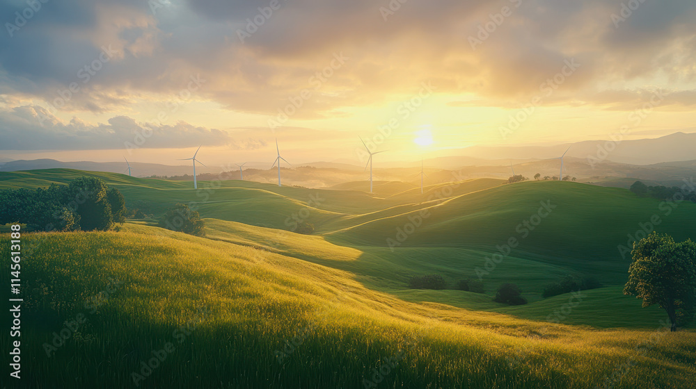 Fototapeta premium Expansive Field of Lush Green Grass Under a Bright Blue Sky with Fluffy White Clouds Creating a Peaceful Natural Scene