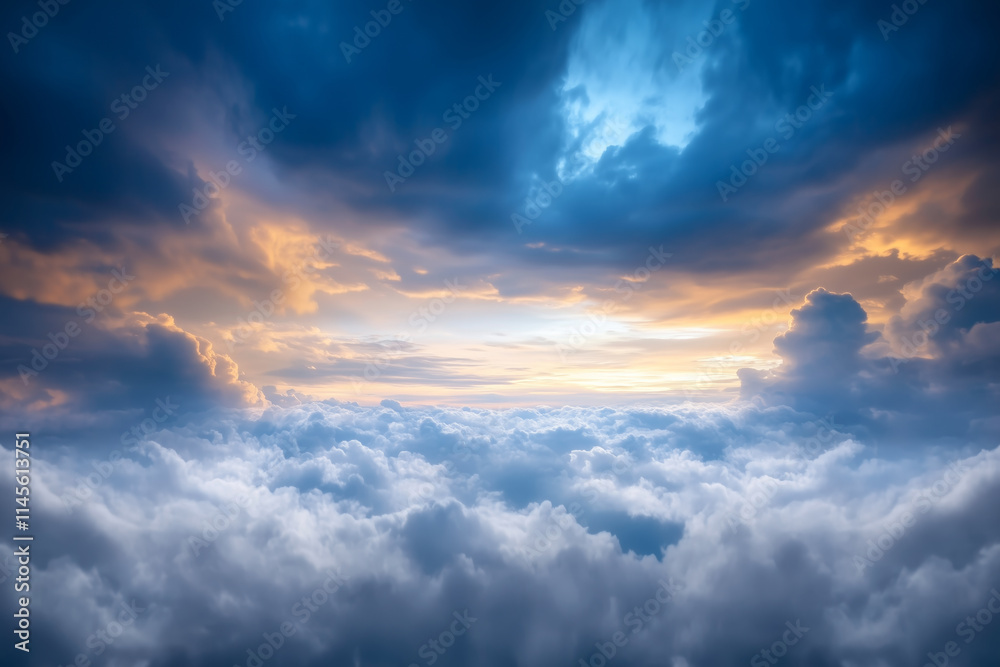 A breathtaking view of a dramatic sky with golden and blue tones, fluffy clouds and vibrant sunset lighting A breathtaking view of a dramatic sky with golden and blue tones, fluffy clouds and vibrant sunset lighting