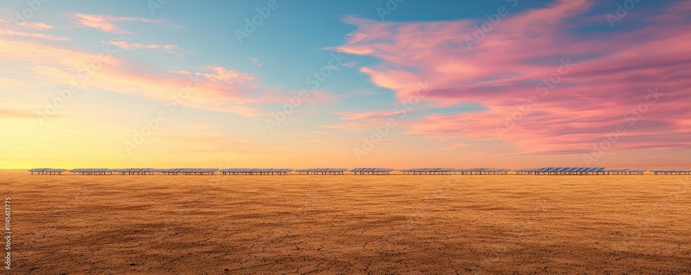 Obraz premium Net zero sustainability idea. A serene landscape featuring a vibrant sunset over a vast, tranquil desert horizon.