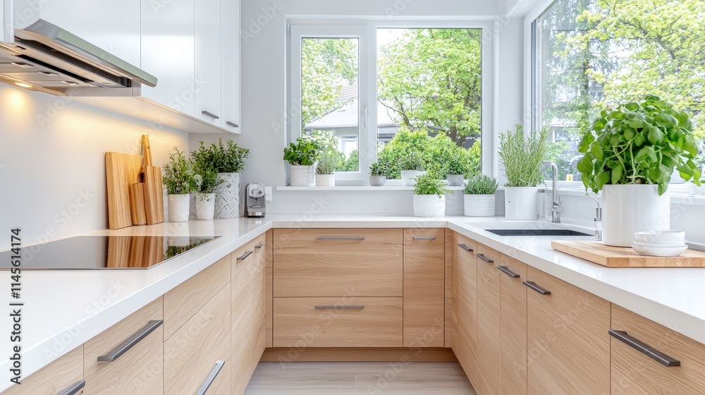 Fototapeta premium Modern kitchen with light wood cabinets, white countertops, and herbs.