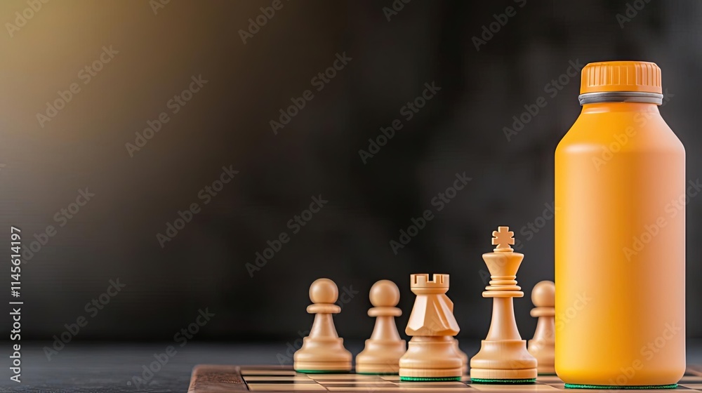 Sports drinks concept. A vibrant orange bottle next to chess pieces, symbolizing strategy and refreshment. Sports drinks concept. A vibrant orange bottle next to chess pieces, symbolizing strategy and refreshment.