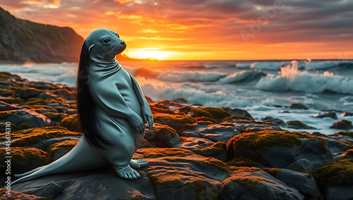 “Selkie Transforming by the Ocean Shore” – A selkie shedding her sealskin on a rocky beach, with the ocean waves and a setting sun in the background.
