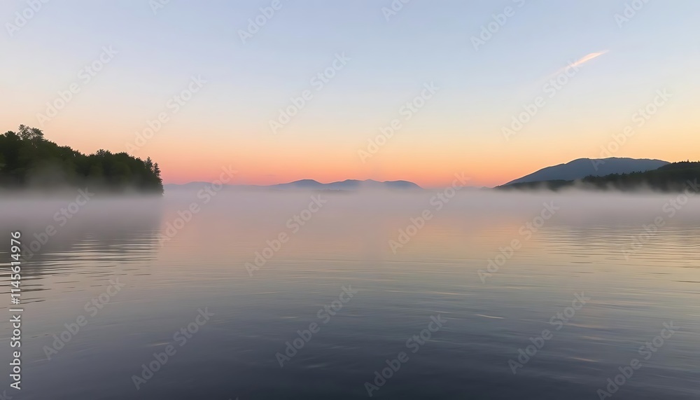 Fototapeta premium Serene Sunrise Fog Over Calm Lake And Mountains