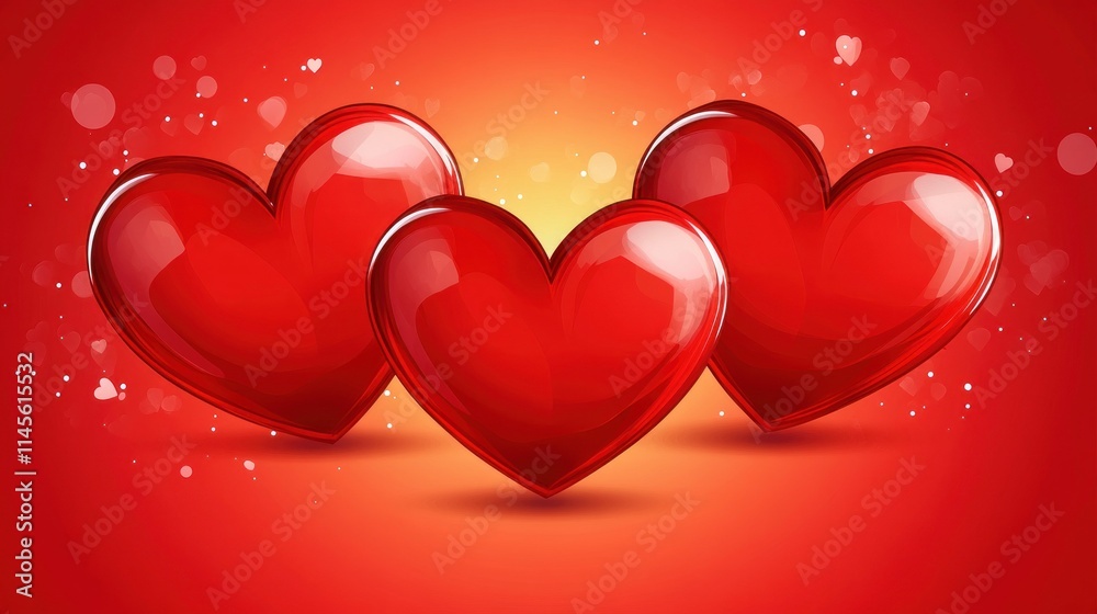 Three glossy red hearts on red background. Three glossy red hearts on red background.