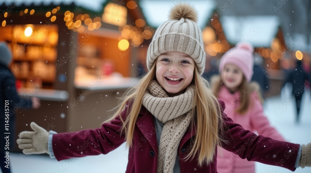 A girl is enjoying the falling snow outdoors in winter. A girl is enjoying the falling snow outdoors in winter.