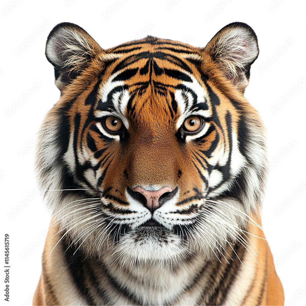 Obraz premium Front view close up of an extremely perfect looking single Bengal tiger isolated on a white transparent background
