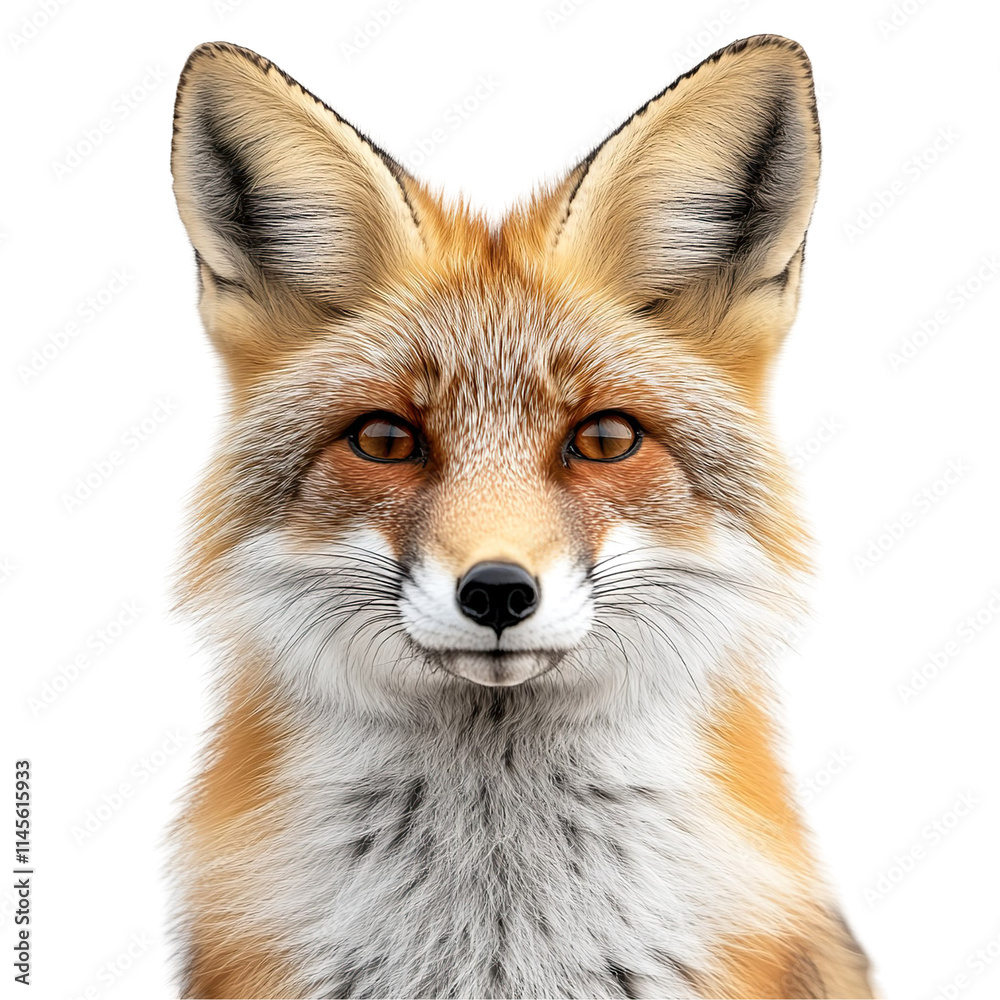 Fototapeta premium Front view close up of an extremely perfect looking single Bengal fox isolated on a white transparent background