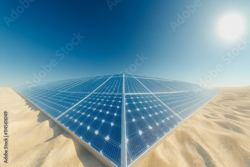 Solar Panel Glimmering Under Bright Desert Sunlight Surrounded by Vast Sandy Landscapes and Clear Blue Skies Reflecting Innovation photo