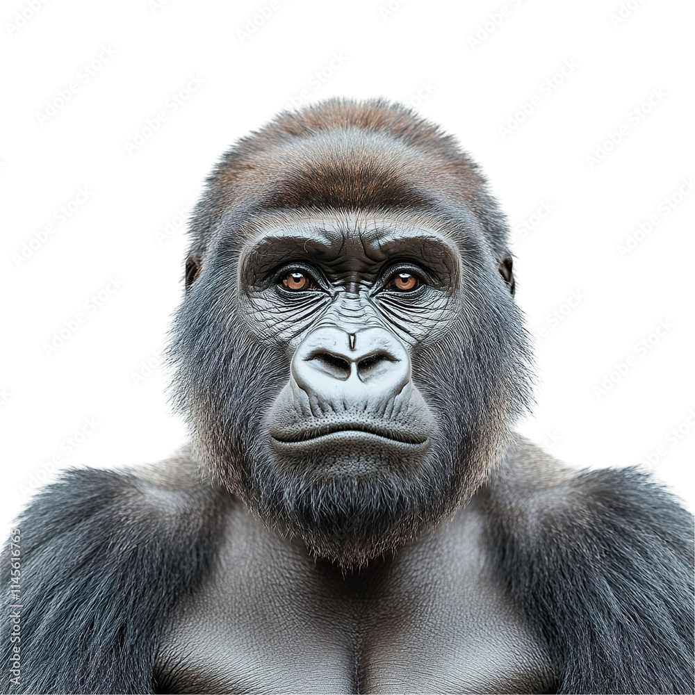 Obraz premium Front view close up of an extremely perfect looking single eastern lowland gorilla isolated on a white transparent background