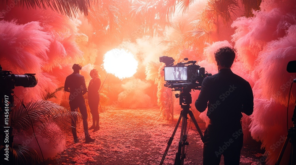 Fototapeta premium Filming in a vibrant, smoke-filled environment.