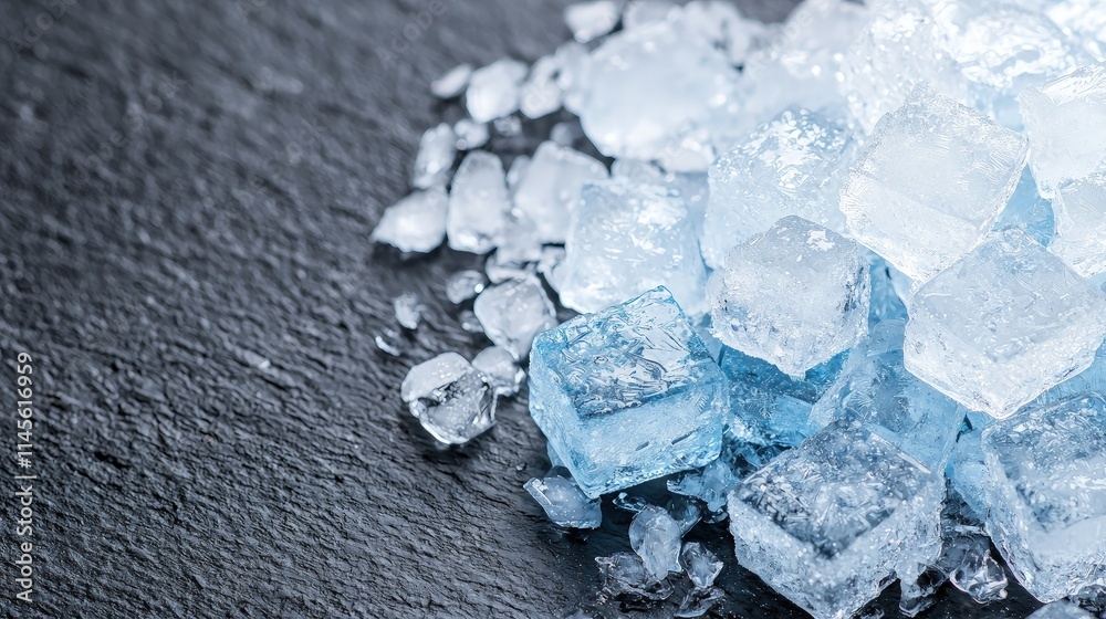 Close-up of ice cubes and crushed ice on dark surface. Close-up of ice cubes and crushed ice on dark surface.