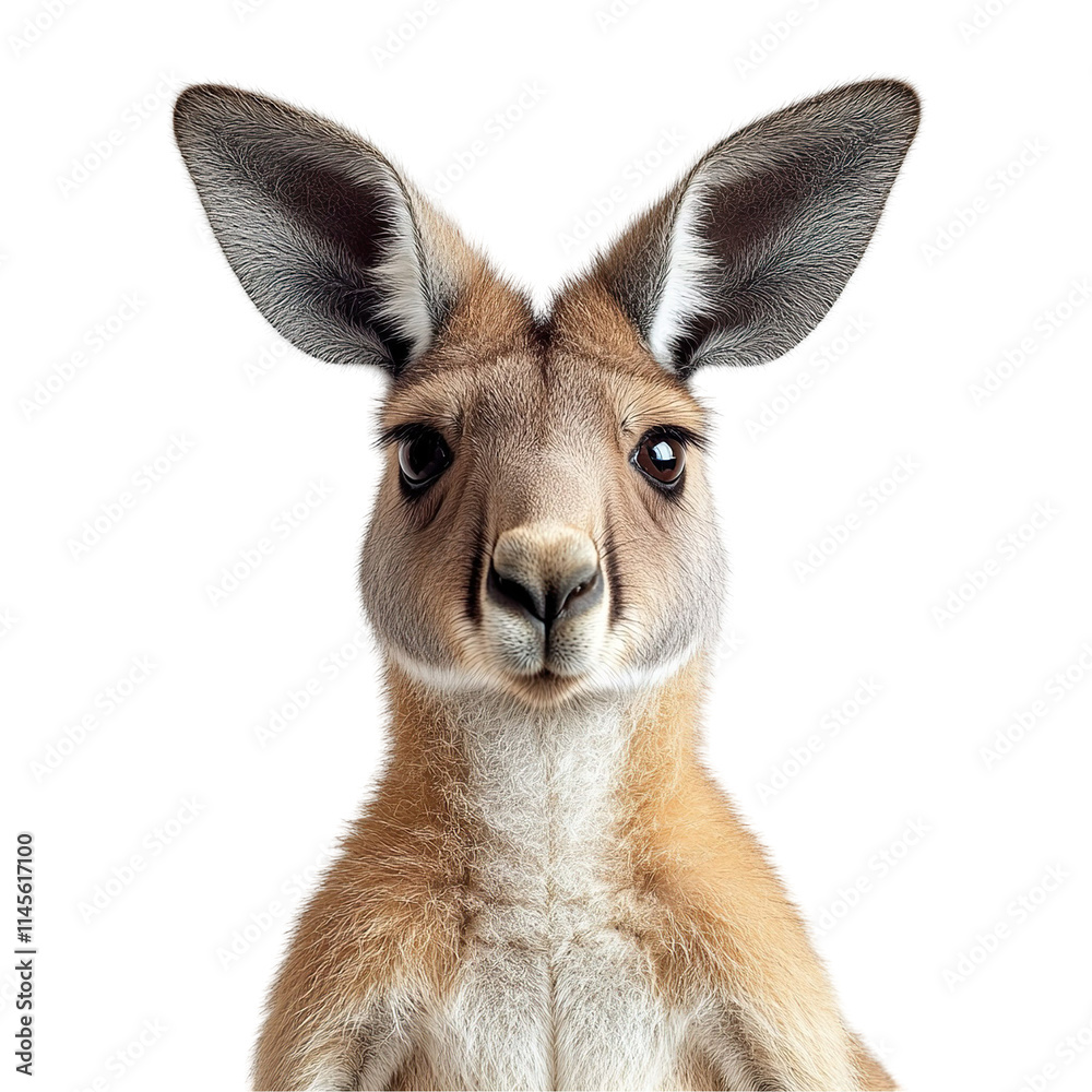 Obraz premium Front view close up of an extremely perfect looking single kangaroo isolated on a white transparent background