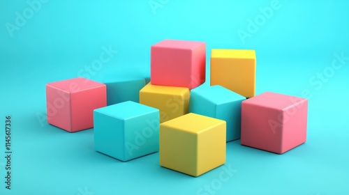 Pastel Colored Cubes Minimalist Composition: A Playful Arrangement of Cubes in Pink, Yellow, and Blue Hues Against a Light Blue Background.