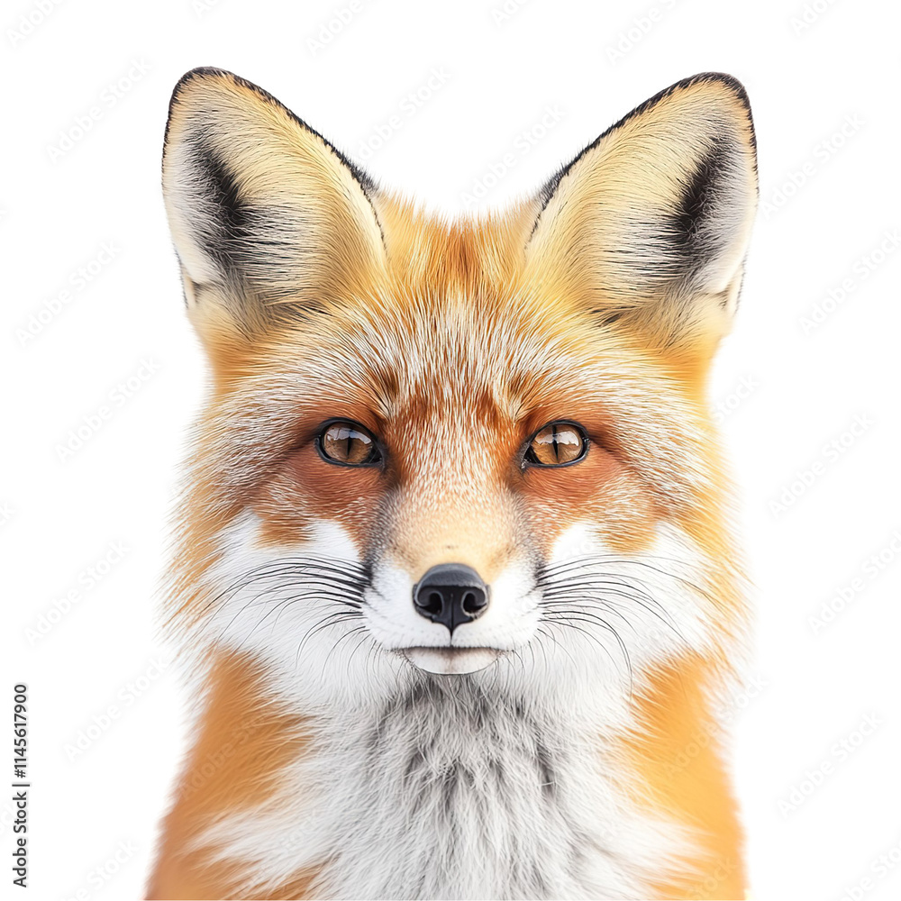 Front view close up of an extremely perfect looking single red fox isolated on a white transparent background Front view close up of an extremely perfect looking single red fox isolated on a white transparent background