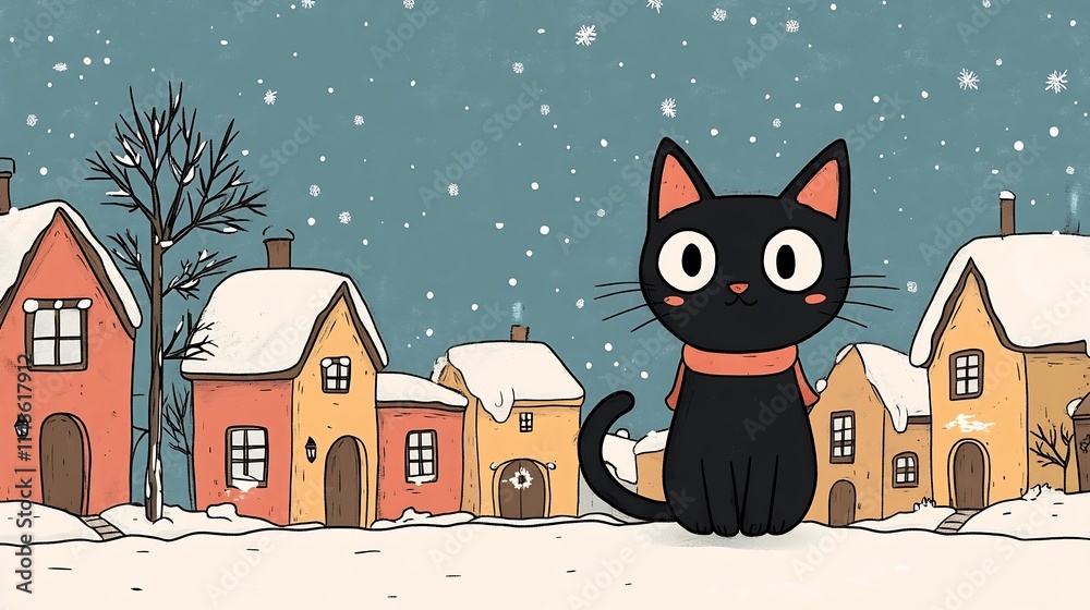 Fototapeta premium Cozy Black Cat in Snowy Christmas Village Street Scene