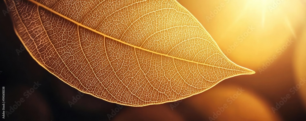 Obraz premium Micro foliage idea. Close-up of a leaf illuminated by soft light, showcasing intricate details and textures.