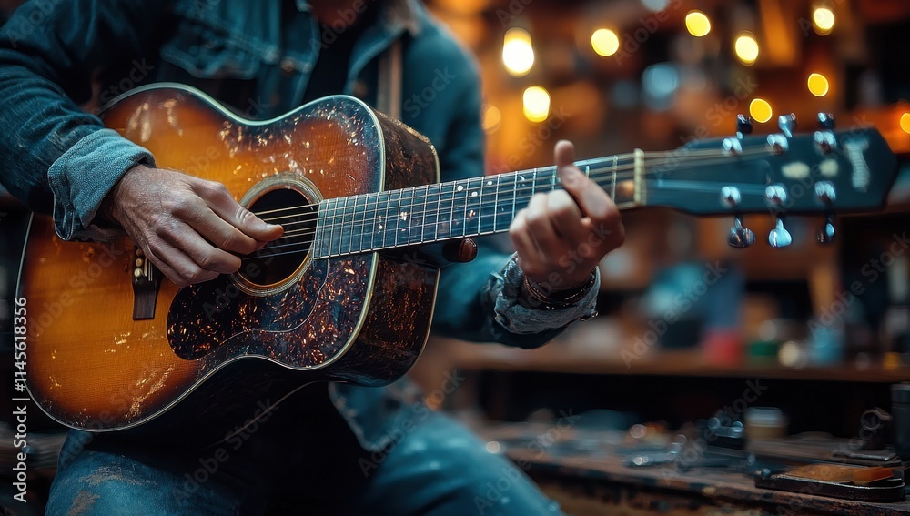 Obraz premium Close-Up of Hands Playing an Acoustic Guitar with Warm Tones
