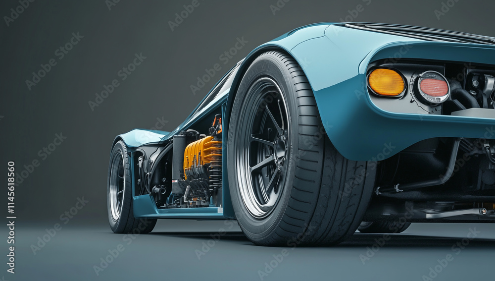 Electric vehicle undercarriage with battery and motor, rendered in high resolution for accurate detail.