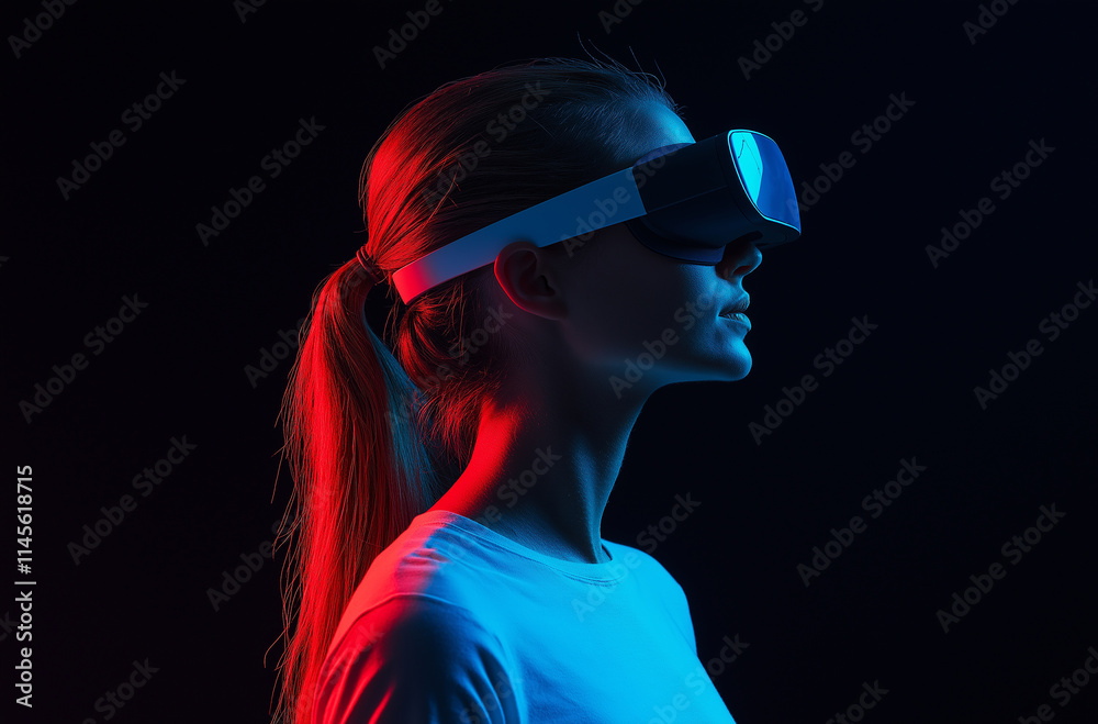 ROME - MARCH 12, 2024: Young woman wearing Apple Vision Pro headset for augmented reality. Virtual reality goggles during VR experience. Close up studio ROME - MARCH 12, 2024: Young woman wearing Apple Vision Pro headset for augmented reality. Virtual reality goggles during VR experience. Close up studio