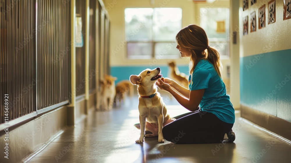 In a sunny shelter, a volunteer kneels to give a treat to a playful dog amid colorful adoption posters.