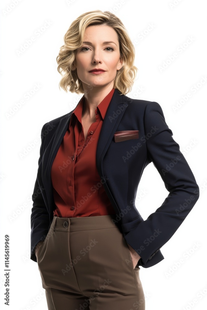 A confident woman in a tailored outfit, exuding professionalism and poise against a white background. A confident woman in a tailored outfit, exuding professionalism and poise against a white background.