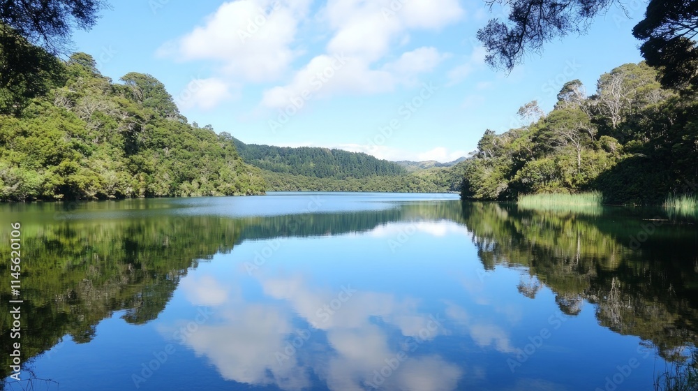Serene Lake with Clear Blue Water and Reflections of Clouds Serene Lake with Clear Blue Water and Reflections of Clouds