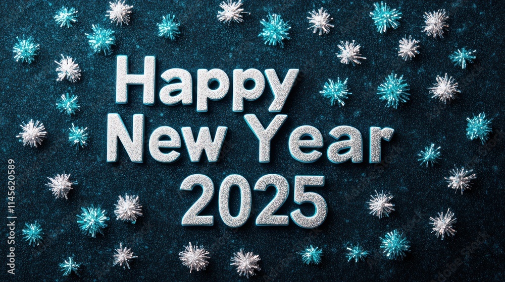Naklejka premium Happy New Year 2025 greeting on dark textured background with snowflakes.