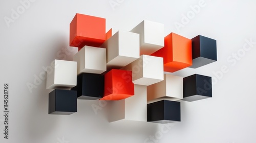 Abstract Composition of Cubes: A Modern Art Installation Featuring Red, White, and Black Geometric Shapes