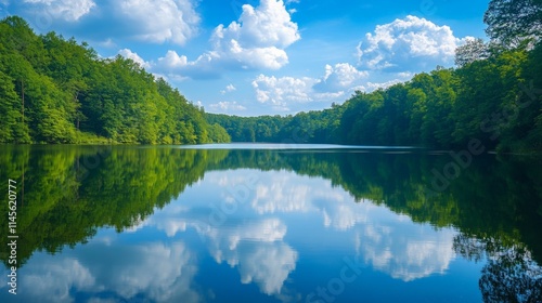 Serene Lake Surrounded by Lush Green Forest Under Blue Sky
