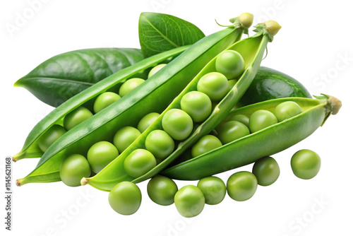 Open pea pods with vibrant green peas, ideal for concepts of agriculture, organic produce, and vegetarian ingredients. photo