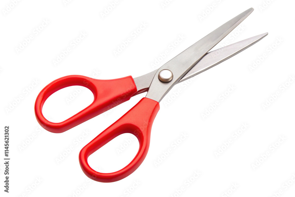 Modern scissors with red handles and shiny metal blades, ideal for cutting paper, fabric, or other materials. Modern scissors with red handles and shiny metal blades, ideal for cutting paper, fabric, or other materials.