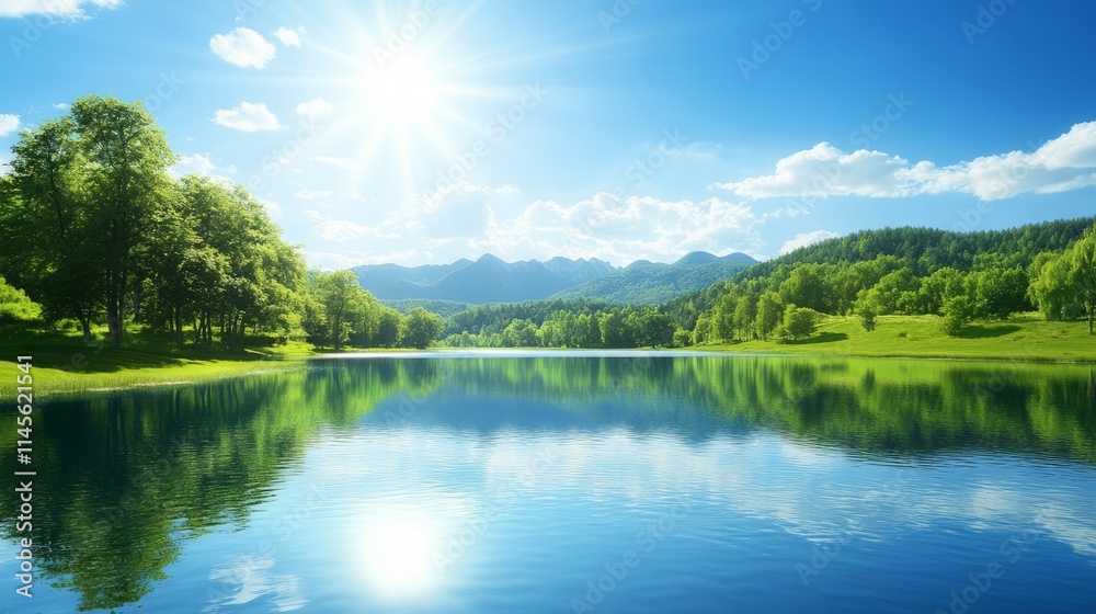 Serene Mountain Lake Surrounded by Lush Green Trees and Blue Sky Serene Mountain Lake Surrounded by Lush Green Trees and Blue Sky