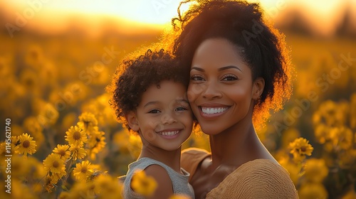 A black mom kisses her happy kid outdoors, representing bonding, Mother's Day appreciation, support, and love with a lens flare and sunset field. photo