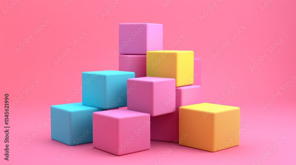 Obraz premium Pastel Colored Cubes Stacked on Pink Background